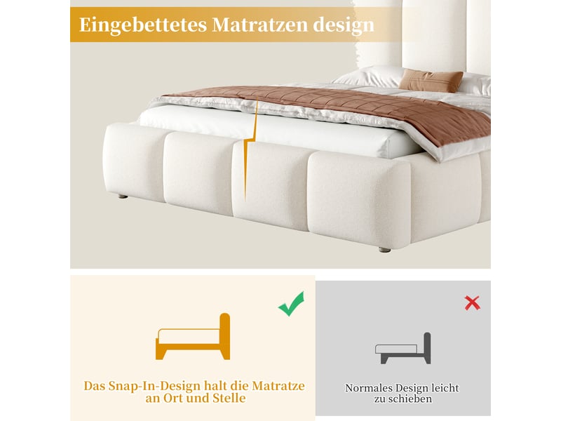  Lit coffre 160x200 cm, lit double au design raffiné, rangement multifonction hydraulique, tête de lit rembourrée, sommier à lattes, bouclé blanc  - Conforama D