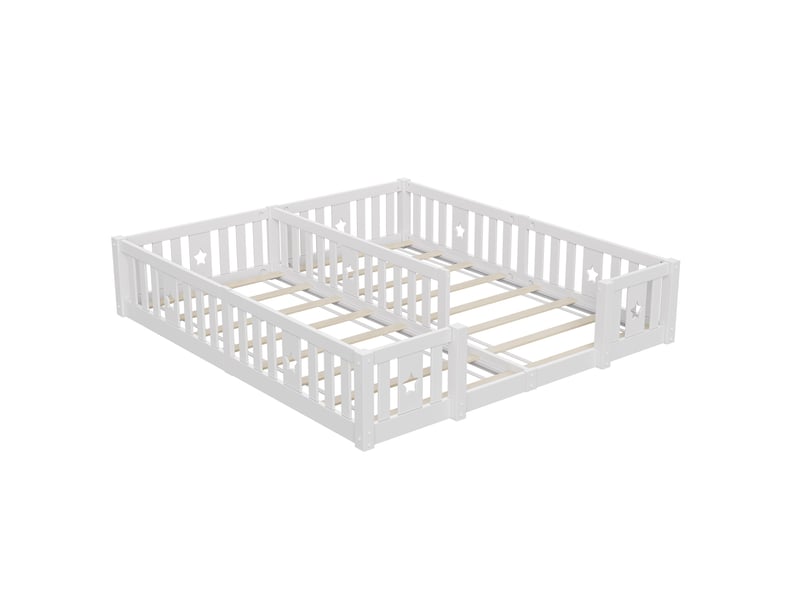  Lit simple 90x200 cm(x2), lit enfant, lit au sol montessori avec barrières et sommier, motif étoile, bois, blanc  - Conforama A