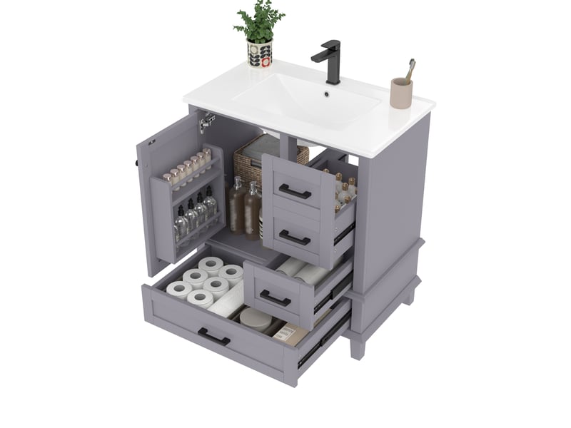 Meuble vasque 76×46×83,5 cm – gris, 3 tiroirs, vasque céramique intégrée - Conforama A