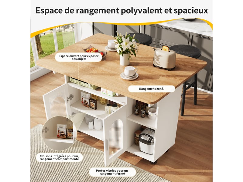  [déstockage] îlot de cuisine blanc 120x30x79.5 cm meuble rangement multifonction  - Conforama E