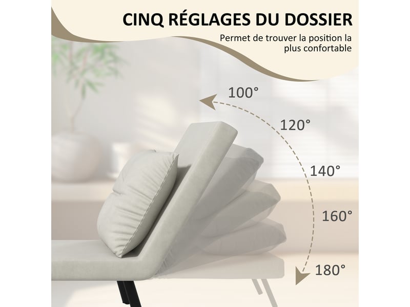  Fauteuil convertible 4 en 1 lit 1 place dossier 5 positions, accoudoirs en bois et coussin, tissu effet velours, crème  - Conforama E