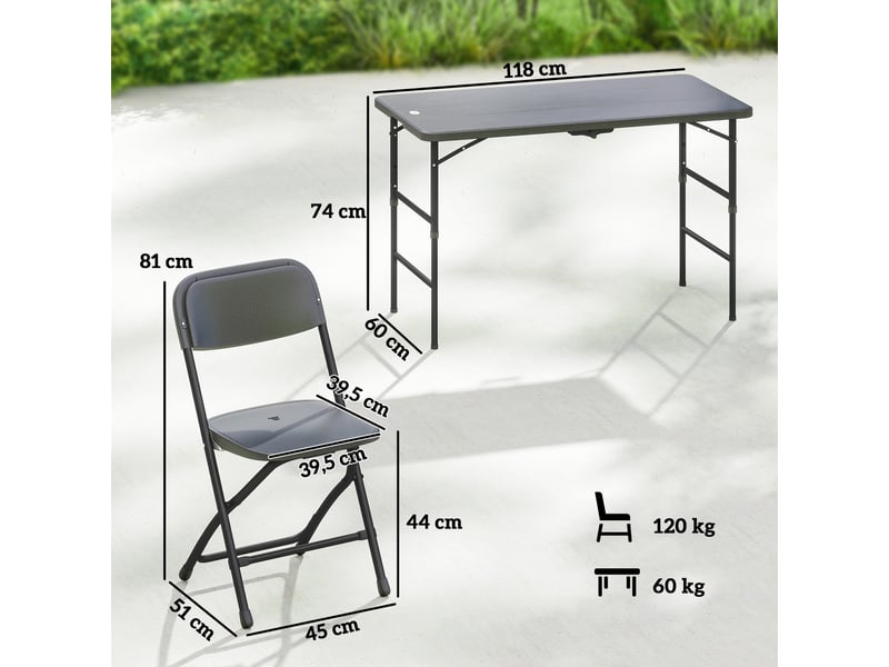  Salon de jardin extérieur table avec 4 chaises pliables table réglable en hauteur 118 cm gris foncé  - Conforama E