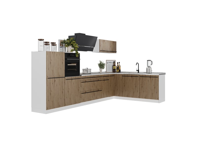  Vicco cuisine en angle, chêne artisanblanc, 347 x cm plan de travail chêne doré  - Conforama E