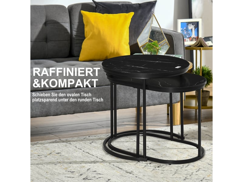  Tables basses gigognes avec plateaux rond et ovale empilables, pieds réglables, effet marbre en acier noir  - Conforama E