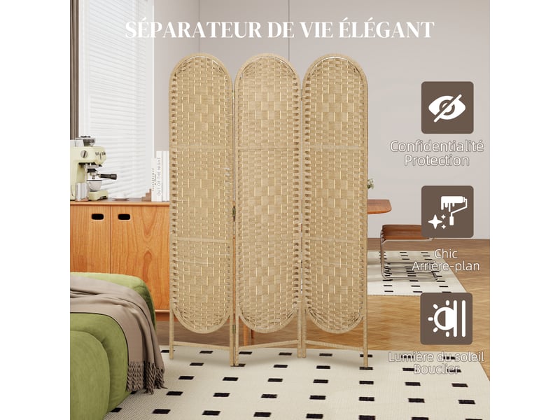  Paravent interieur ovale 3 panneaux 120 x 170 cm séparateur de pièce pliable, bois naturel, léger et tissé  - Conforama D