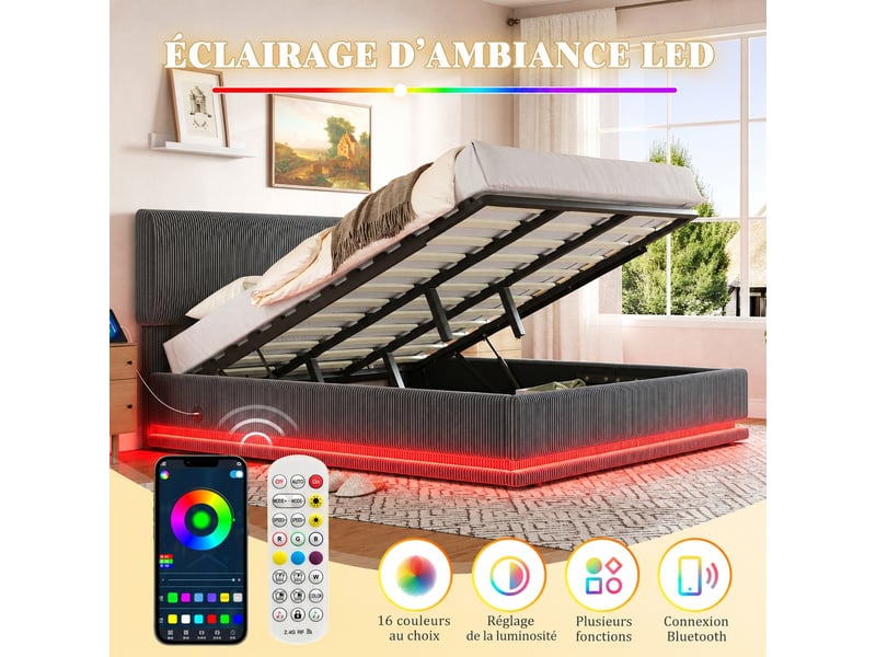  Lit rembourré 180 x 200 cm en velours côtelé gris foncé, rangement sous le sommier, led et usb-c  - Conforama E