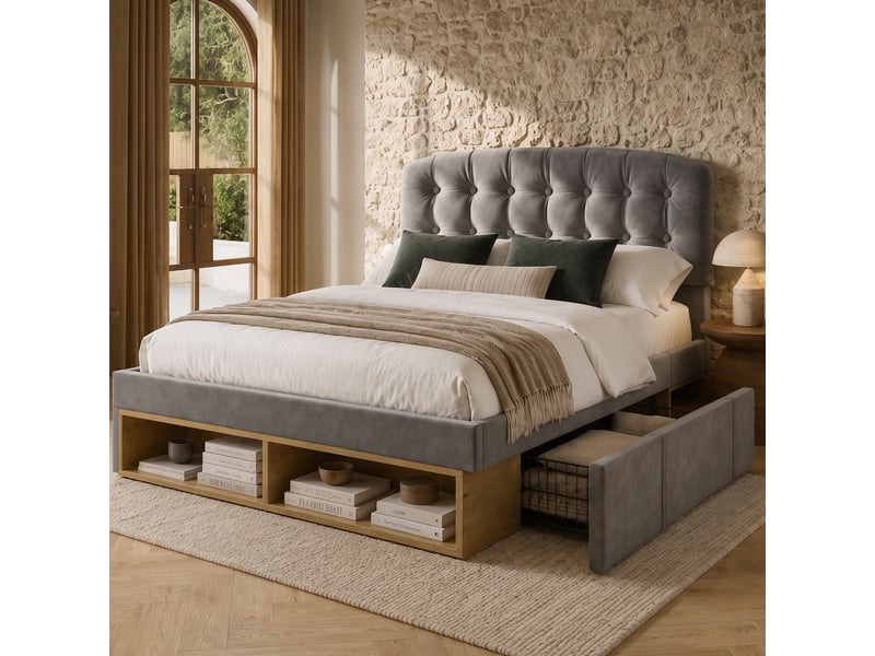  Lit double rembourré 140 x 200 cm avec tiroirs, rangements et tête de lit réglable, velours gris, sommier à lattes Fay Lum - Conforama B