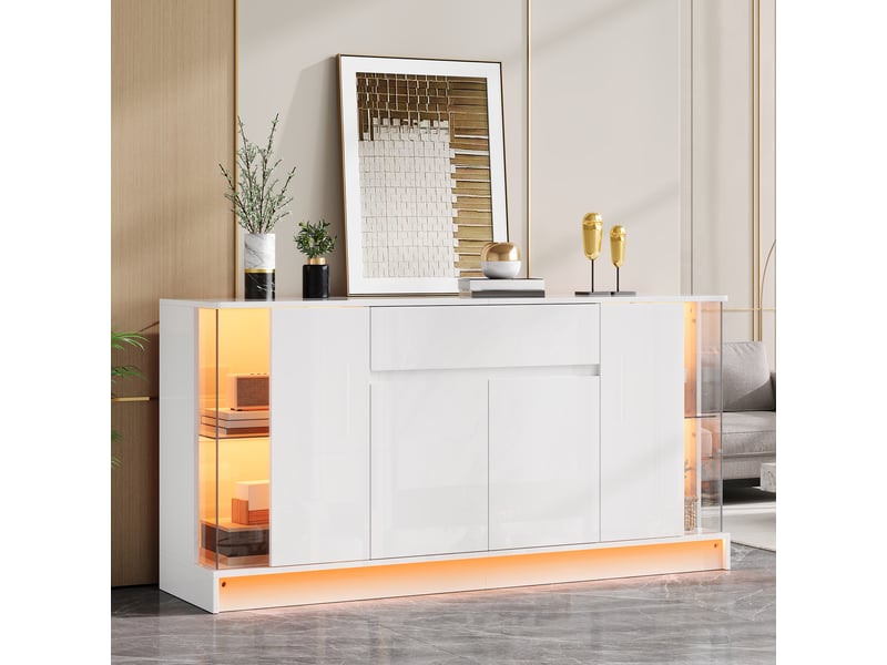 Buffet led, 6 portes, 1 tiroir, vitrines latérales et étagères réglables, façades brillantes, 150 × 40 × 75 cm, blanc - Conforama B