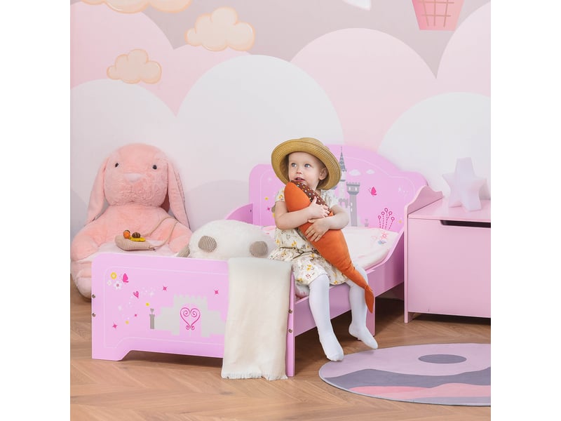  Lit enfant 140 x 70 cm - lit d'enfant design princesse motif château - mdf contre-plaqué rose - sommier à lattes inclus  - Conforama D