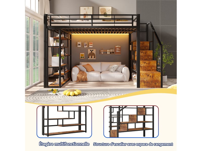  Lit mezzanine 140x200 cm, escalier rangement, garde-corps, led, métal et mdf, noir et blanc, sans matelas  - Conforama D