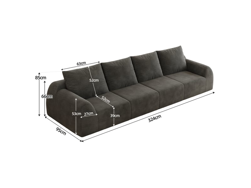  Canapé droit 4 places compressé sans montage avec rembourrage en mousse, tissu chenille gris foncé, 324 × 95 × 85 cm  - Conforama C
