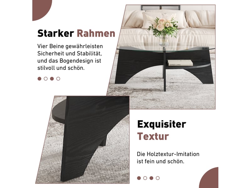  Table basse ovale moderne – plateau en verre de sécurité – mdf noir aspect bois – 104,9 x 60 x 35,6 cm  - Conforama E