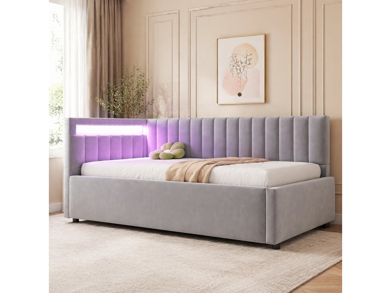  Lit banquette coffre 90x200 cm led en velours gris clair  - Conforama C