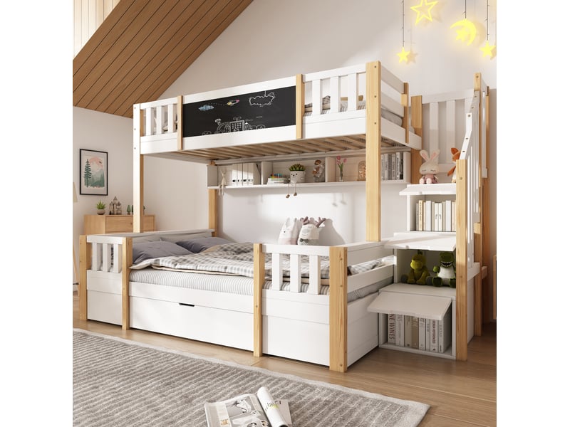  Lit superposé 3 places 90x200 et 140x200 cm avec ardoise, escalier de rangement, tiroirs, bois et mdf blanc et naturel sans matelas  - Conforama D