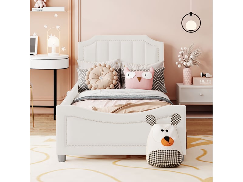  Modenvie lit enfant capitonné 90x200 cm - avec dossier et structure multifonction, sans matelas - beige  - Conforama E