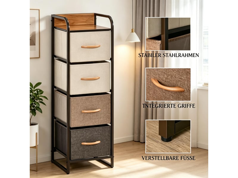  Chiffonnier meuble de rangement 4 tiroirs tissu acier mdf beige marron 31x29x99cm T5828P574213 - Conforama D