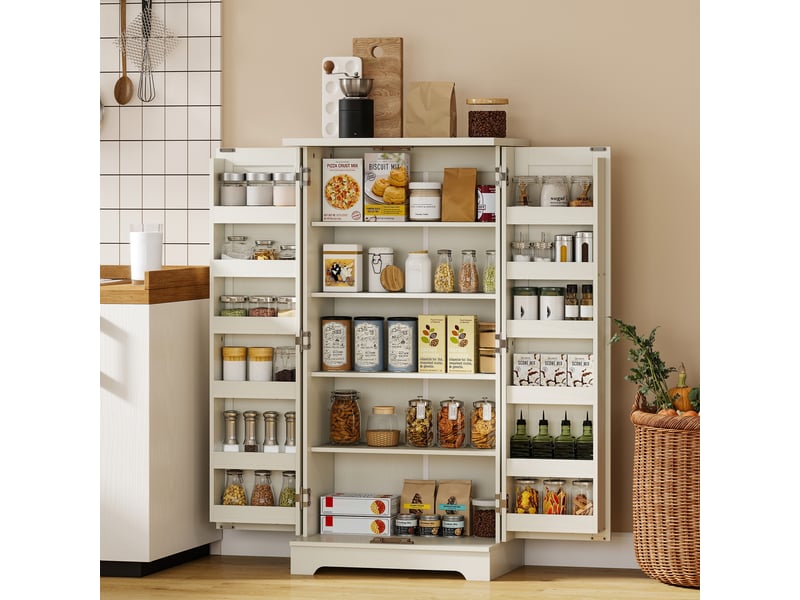  Buffet cuisine armoire de cuisine 5 niveaux avec portes et étagères réglables 60l x 40p x 120h cm crème grain de bois  - Conforama D
