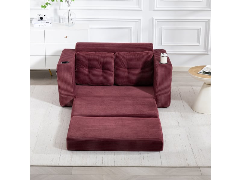 Canapé droit 2 places en velours côtelé rouge bordeaux, modulable, 2 porte-gobelets et poches latérales, 136 cm IKSETERA TRADING LTD - Conforama E