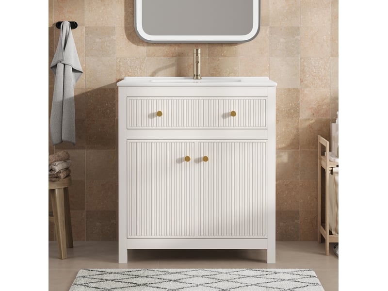 Meuble sous vasque avec 1 porte, 1 tiroir et vasque en céramique, fermeture douce, blanc, 81 × 46,5 × 86,5 cm - Conforama B