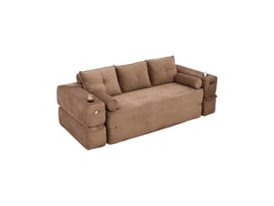 Canapé 3 places, avec fonction couchage, avec porte-gobelets, avec coussins, en velours côtelé, coloris marron, l232 x p98 x h80 cm