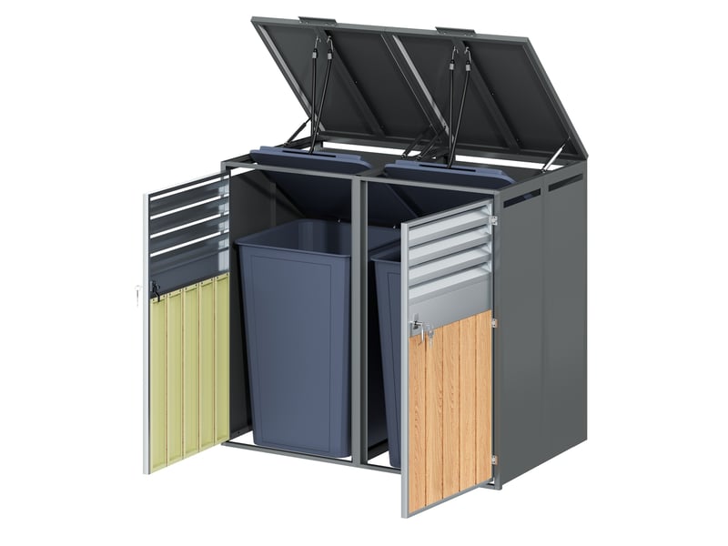  Abri pour poubelles extérieur 2 compartiments en acier gris avec portes verrouillables et couvercles hydrauliques  - Conforama A