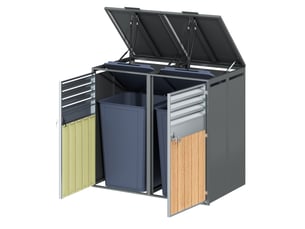 Abri pour poubelles extérieur 2 compartiments en acier gris avec portes verrouillables et couvercles hydrauliques