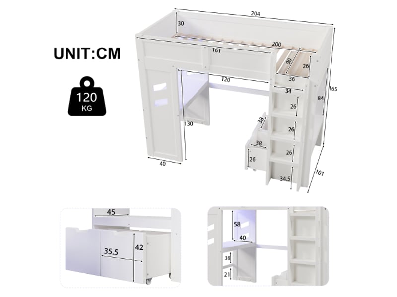  Lit mezzanine 90x200 cm, lit enfant avec bureau, éclairage led, ports usb et type-c, bureau, 2 tiroirs, armoire ouverte, sans matelas, blanc  - Conforama D
