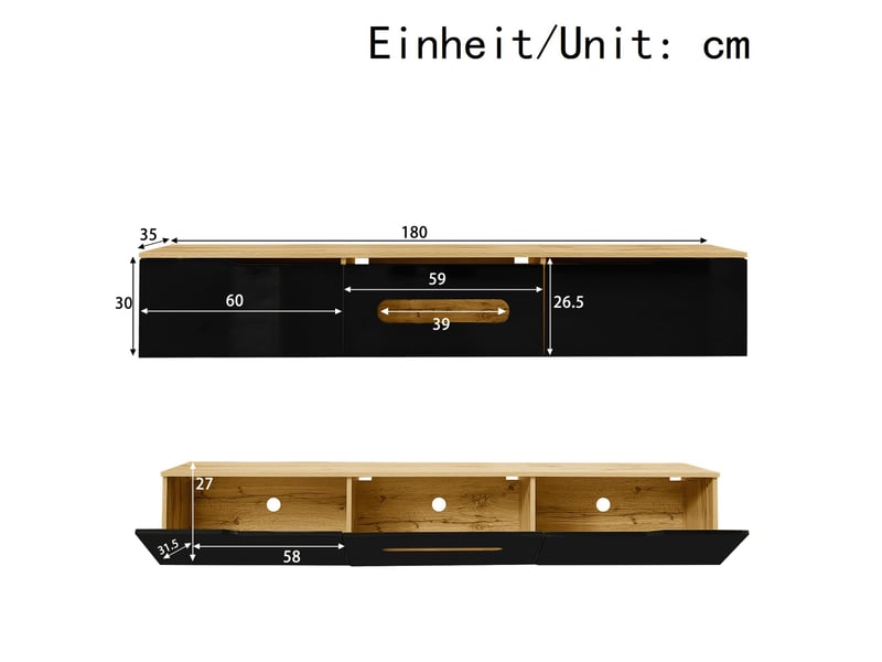  Meuble tv 180 cm noir et bois, led 16 couleurs, 3 portes, mural ou au sol  - Conforama C