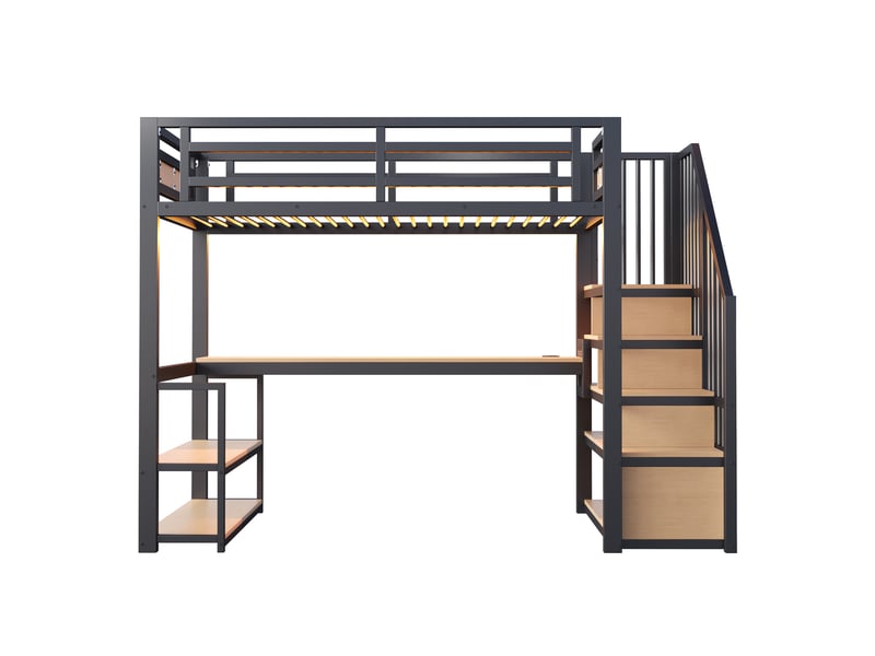  Lit mezzanine métal noir 90x200 cm, bureau, rangements, escalier, barrière, led et prise  - Conforama A
