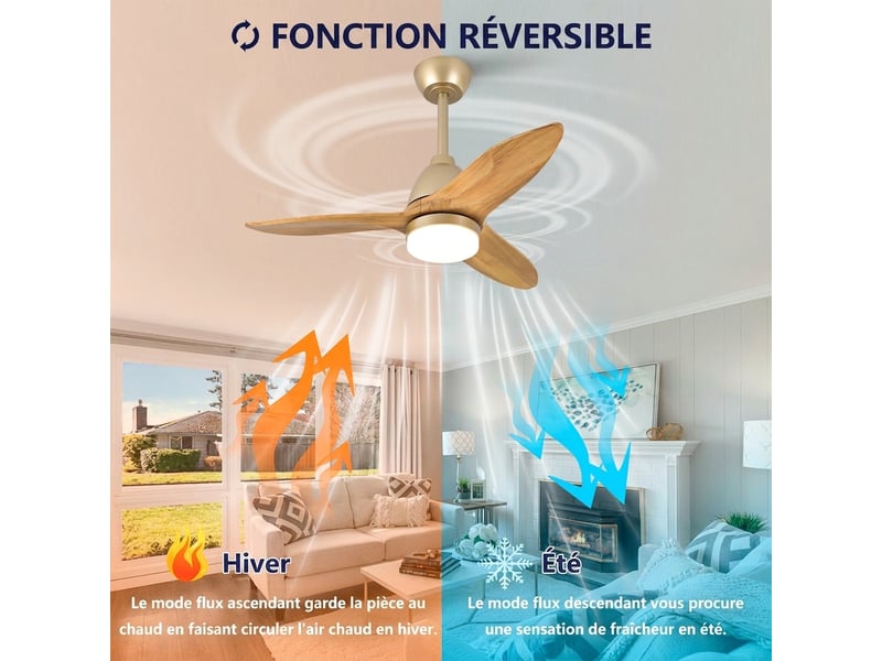  Ventilateur de plafond 92 cm, pales en bois massif naturel, moteur dc réversible silencieux avec lumière dimmable pour salon et chambre  - Conforama D