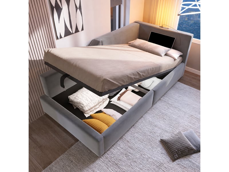 Lit banquette 90x200 cm avec coffre hydraulique, velours gris - Conforama B