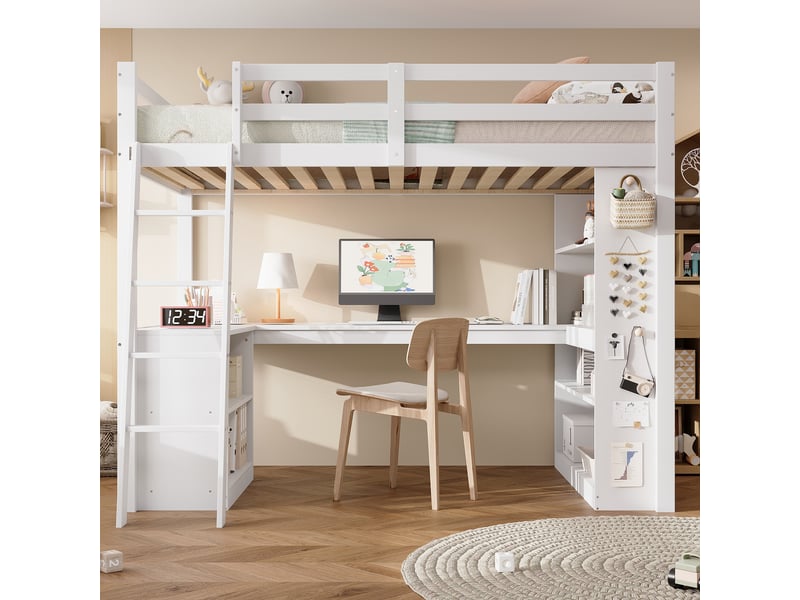 Lit mezzanine 90x200 cm - lit enfant avec table et rangement - bois massif + mdf - sans matelas - blanc et naturel  - Conforama D