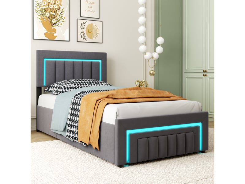 Lit coffre 90x200 cm avec boxspring, led et tiroirs de rangement - revêtement en velours gris foncé, structure métal et bois  - Conforama C