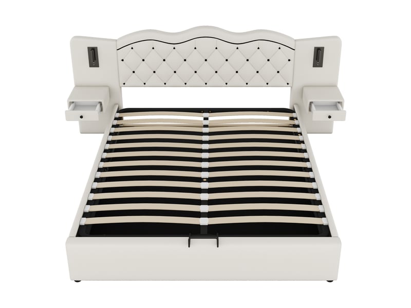  Lit coffre 180x200cm, lit adulte, tête de lit avec chevet, 2 éclairage latéral, prise usb, lin, beige, sans matelas  - Conforama R