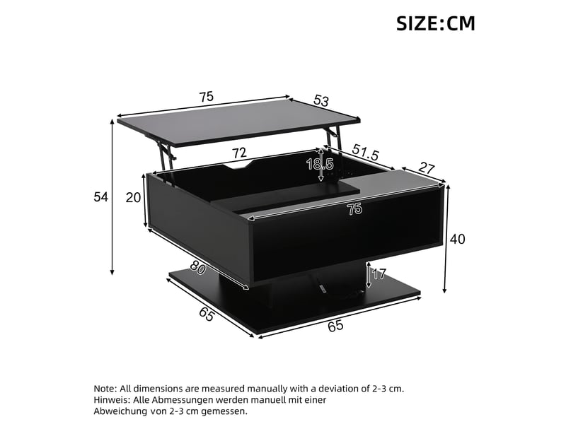  Table basse relevable avec rangement et led, noir, finition brillante – 80 x 75 x 40 cm IKSETERA TRADING LTD - Conforama C