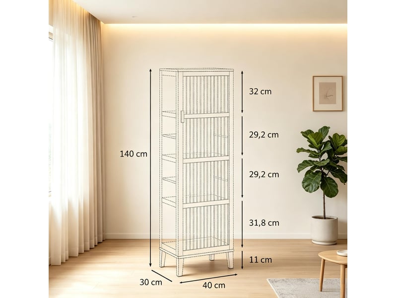  Meuble de rangement avec porte à lamelles, 4 étagères, anti-basculement, bambou naturel, 40 × 30 × 140 cm  - Conforama D