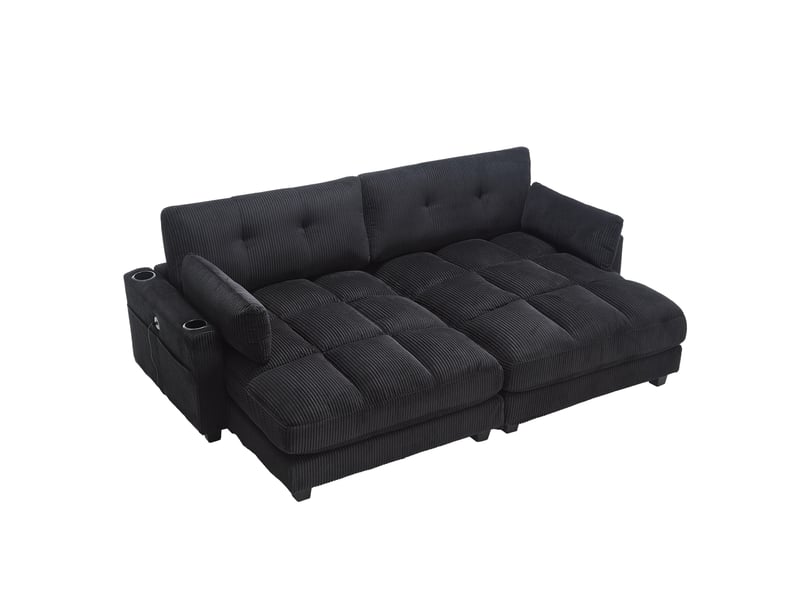  Canapé 2 places modenvie modulable, séparable en 2 fauteuils, velours côtelé noir, ports usb, 4 porte-gobelets, 4 poches, 224 x 140 x 81 cm  - Conforama A