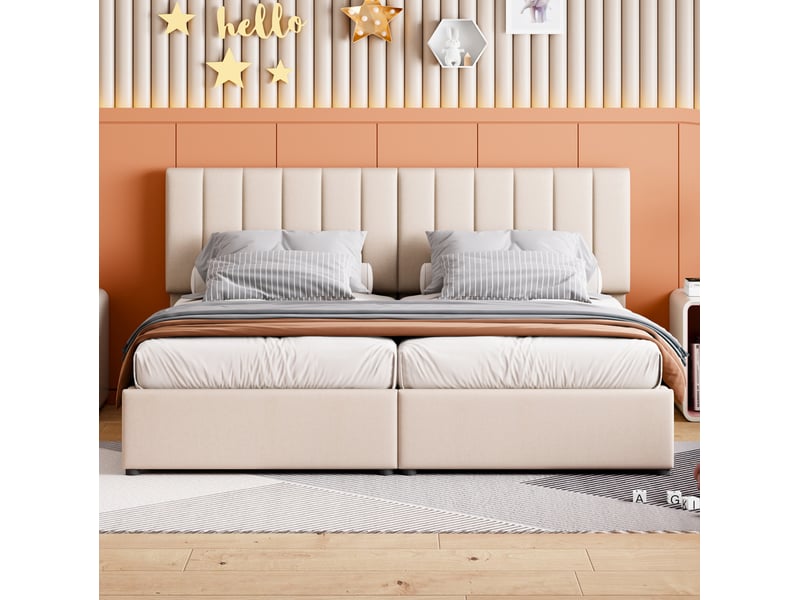  Lit coffre tcqpz 180 x 200 cm beige convertible en deux lits 90 cm avec rangement hydraulique tête de lit réglable  - Conforama D