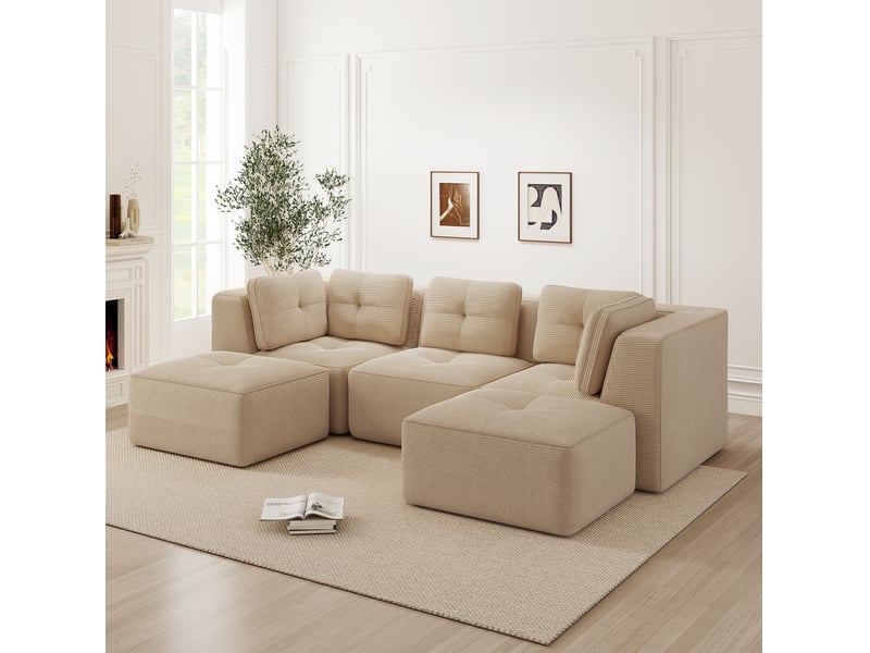 Tcqpz canapé d'angle modulable en corduroy beige, assise profonde 74 cm  - Conforama E