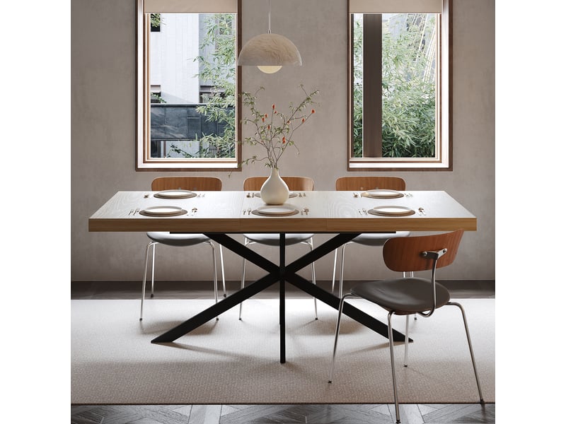  Table à manger extensible 140-180 x 80 cm avec rangement dissimulé, plateau mdf effet bois naturel, pieds métal noir en x, 4 à 6 places  - Conforama C