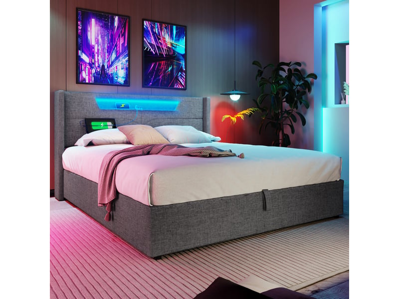  Lit coffre ulevr 160x200 avec led et ports usb type-c, tête de lit rembourrée, revêtement en lin gris  - Conforama E