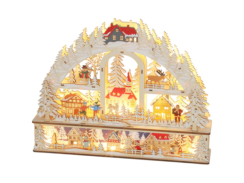  Village de noël lumineux avec 20 led, village de noël animé en arc, fonctionne sur piles, 45 x 10 x 35 cm, bois naturel  - Conforama B