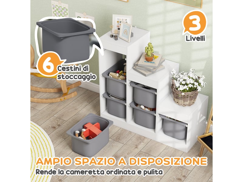  Meuble de rangement pour jouets à 3 niveaux avec 6 bacs pour enfants de 3 à 8 ans, 96 x 38,5 x 90 cm, gris  - Conforama E