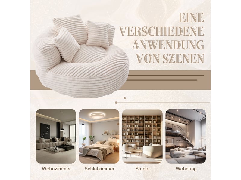  Fauteuil pouf ergonomique à dossier haut avec accoudoirs, assise rembourrée en velours côtelé beige, 108 × 108 × 52 cm  - Conforama E