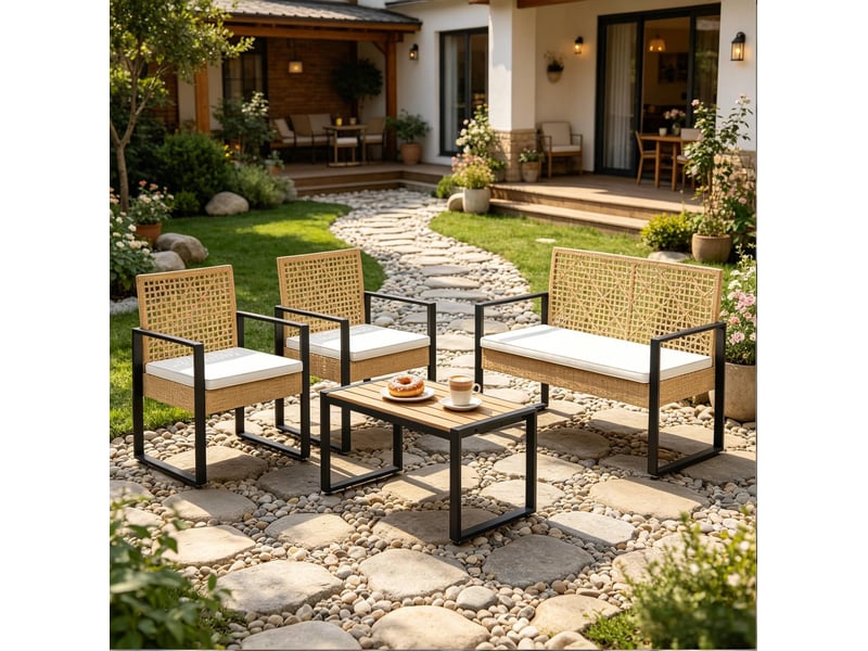  Salon de jardin 4 pièces 112 x 79 x 59 cm naturel, rotin pe et métal, avec table basse pour terrasse  - Conforama B