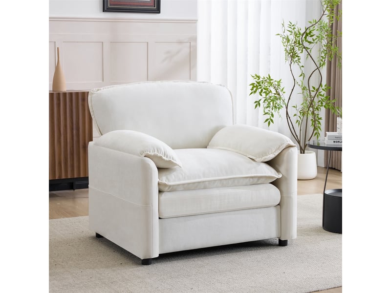  Fauteuil rétro en chenille blanc - 96x92x90cm - canapé individuel avec poches de rangement latérales pour salon et chambre - blanc  - Conforama B