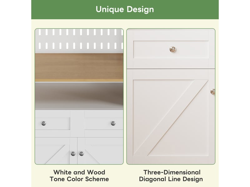  Buffet cuisine blanc et bois naturel, meuble vaisselier avec 2 tiroirs et 4 portes, design style grange pour salle à manger  - Conforama E