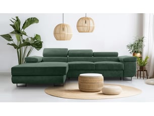 Canapé d'angle gauche convertible <strong>AX LIVING </strong> <strong>Arborio</strong> 5 places Velours côtelé vert avec coffre de rangement