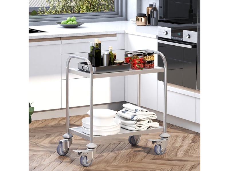 Chariot de service desserte de cuisine à roulettes 2 étagères 80l x 45l x 82h cm inox acier. Chromé - Conforama D