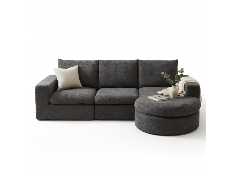  Canapé d'angle modulaire en tissu chenille avec élément courbe et chaise longue, mousse compressée, sans montage  - Conforama A